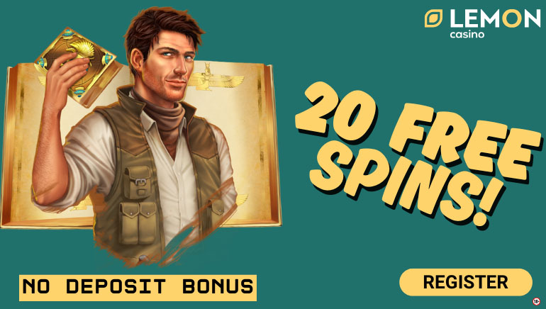 20 free spins no deposit bonus promotion with vibrant graphics and casino-themed elements.